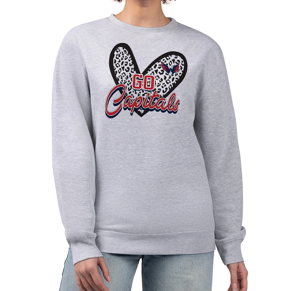 Women's G-III 4Her by Carl Banks Heather Gray Washington Capitals Animal Print Heart Fleece Pullover Sweatshirt