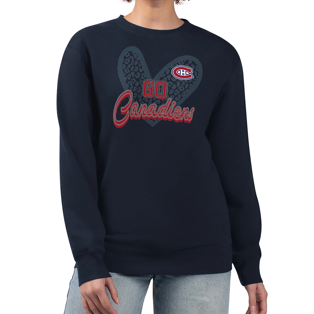 Women's G-III 4Her by Carl Banks Navy Montreal Canadiens Animal Print Heart Fleece Pullover Sweatshirt