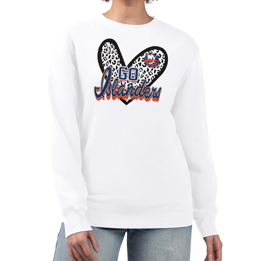 Women's G-III 4Her by Carl Banks White New York Islanders Animal Print Heart Fleece Pullover Sweatshirt