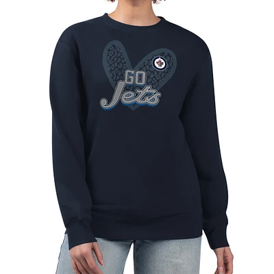 Women's G-III 4Her by Carl Banks Navy Winnipeg Jets Animal Print Heart Fleece Pullover Sweatshirt