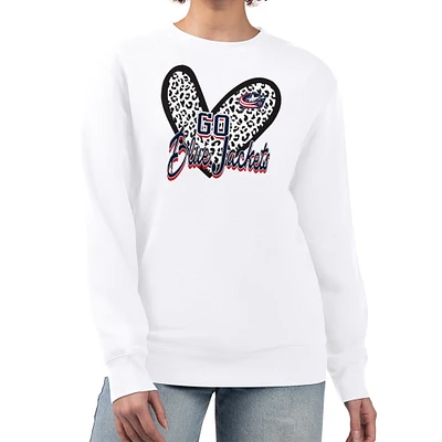 Women's G-III 4Her by Carl Banks White Columbus Blue Jackets Animal Print Heart Fleece Pullover Sweatshirt