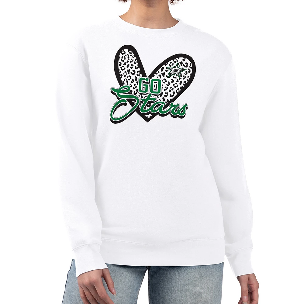 Women's G-III 4Her by Carl Banks White Dallas Stars Animal Print Heart Fleece Pullover Sweatshirt