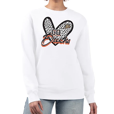 Women's G-III 4Her by Carl Banks White Anaheim Ducks Animal Print Heart Fleece Pullover Sweatshirt