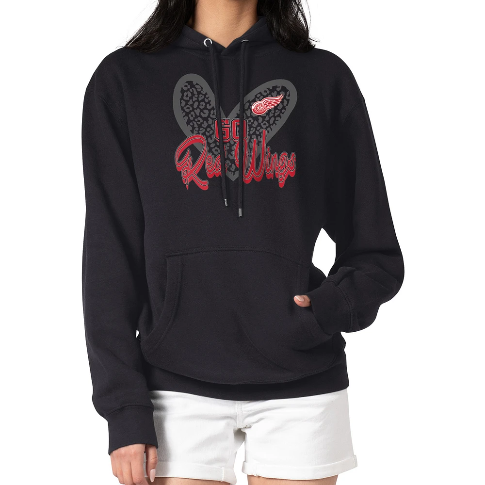 Women's G-III 4Her by Carl Banks Black Detroit Red Wings Animal Print Heart Fleece Pullover Hoodie