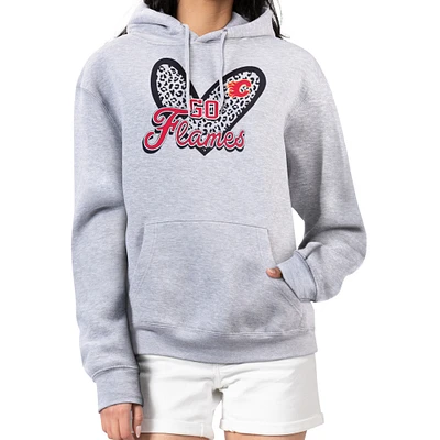 Women's G-III 4Her by Carl Banks Heather Gray Calgary Flames Animal Print Heart Fleece Pullover Hoodie
