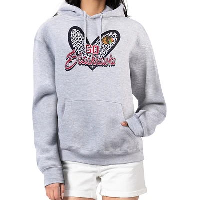 Women's G-III 4Her by Carl Banks Heather Gray Chicago Blackhawks Animal Print Heart Fleece Pullover Hoodie