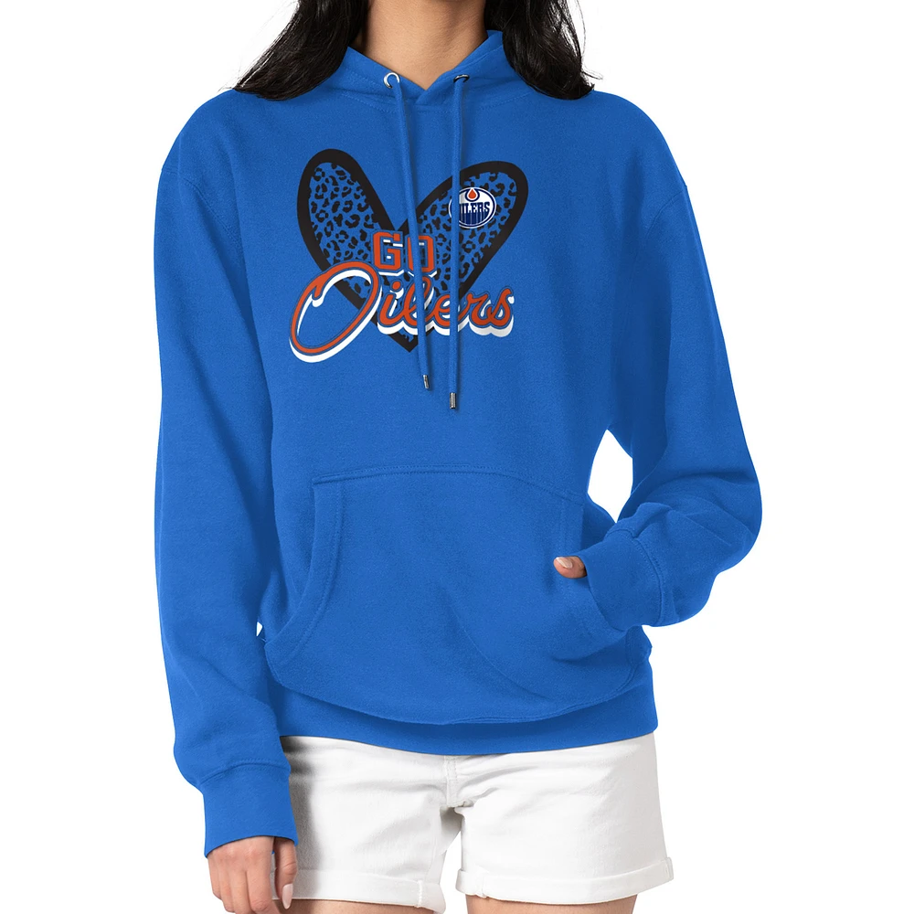 Women's G-III 4Her by Carl Banks Royal Edmonton Oilers Animal Print Heart Fleece Pullover Hoodie