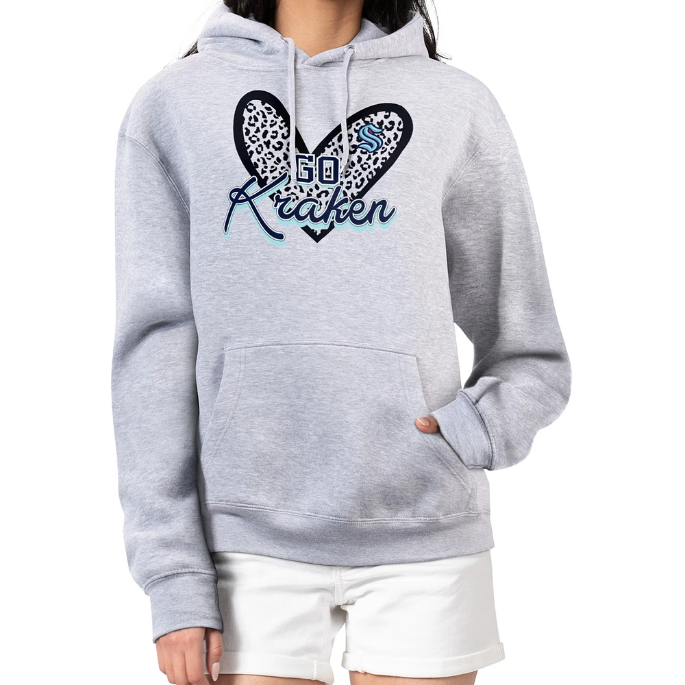 Women's G-III 4Her by Carl Banks Heather Gray Seattle Kraken Animal Print Heart Fleece Pullover Hoodie