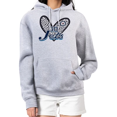 Women's G-III 4Her by Carl Banks Heather Gray Winnipeg Jets Animal Print Heart Fleece Pullover Hoodie