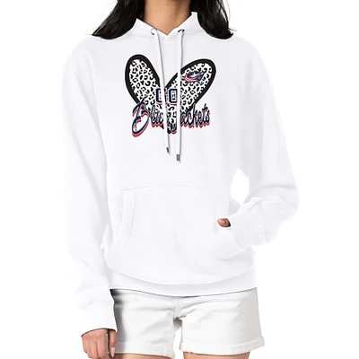 Women's G-III 4Her by Carl Banks White Columbus Blue Jackets Animal Print Heart Fleece Pullover Hoodie