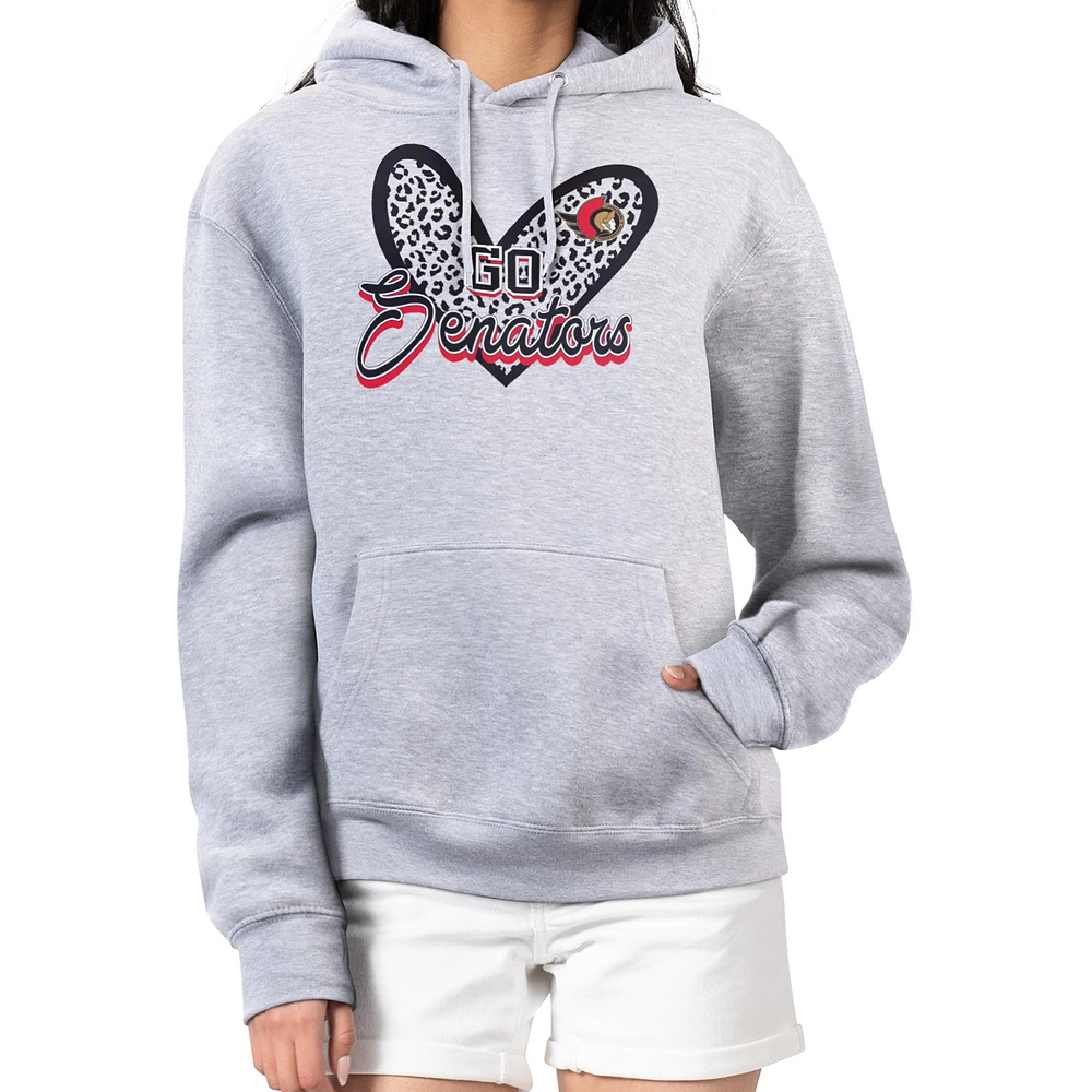 Women's G-III 4Her by Carl Banks Heather Gray Ottawa Senators Animal Print Heart Fleece Pullover Hoodie