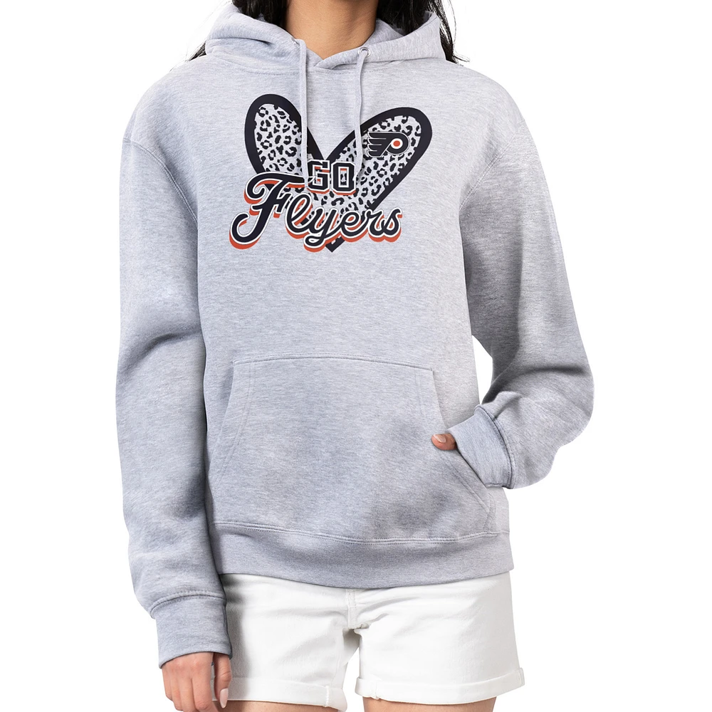 Women's G-III 4Her by Carl Banks Heather Gray Philadelphia Flyers Animal Print Heart Fleece Pullover Hoodie