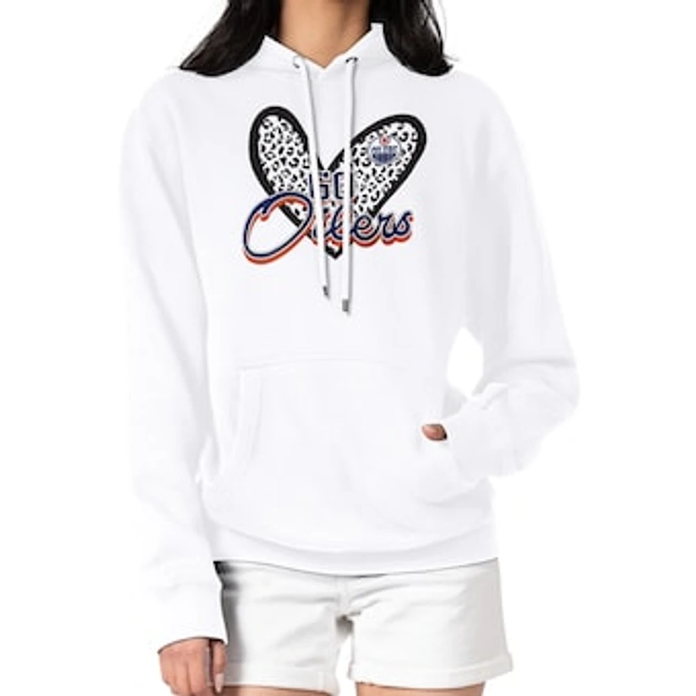 Women's G-III 4Her by Carl Banks White Edmonton Oilers Animal Print Heart Fleece Pullover Hoodie
