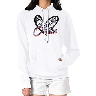 Women's G-III 4Her by Carl Banks White Edmonton Oilers Animal Print Heart Fleece Pullover Hoodie