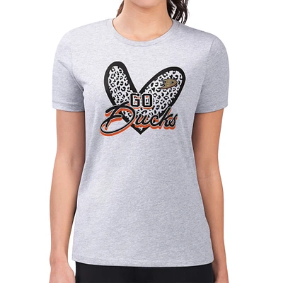Women's G-III 4Her by Carl Banks Heather Gray Anaheim Ducks Super-Slim Fit Lightweight Animal Print Heart T-Shirt