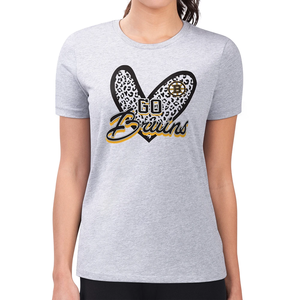 Women's G-III 4Her by Carl Banks Heather Gray Boston Bruins Super-Slim Fit Lightweight Animal Print Heart T-Shirt