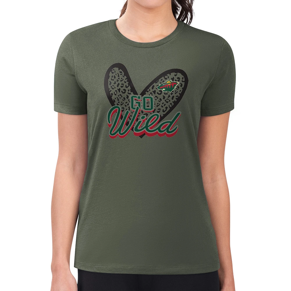 Women's G-III 4Her by Carl Banks Olive Minnesota Wild Super-Slim Fit Lightweight Animal Print Heart T-Shirt