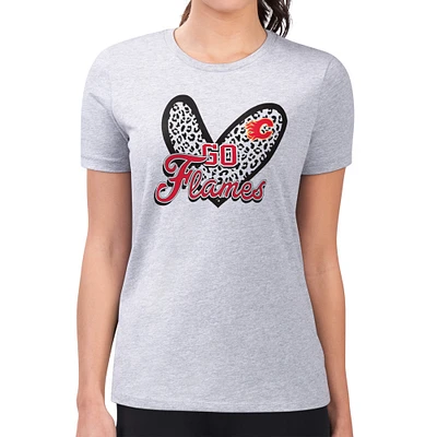 Women's G-III 4Her by Carl Banks Heather Gray Calgary Flames Super-Slim Fit Lightweight Animal Print Heart T-Shirt