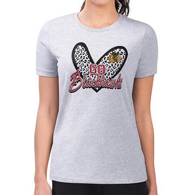 Women's G-III 4Her by Carl Banks Heather Gray Chicago Blackhawks Super-Slim Fit Lightweight Animal Print Heart T-Shirt