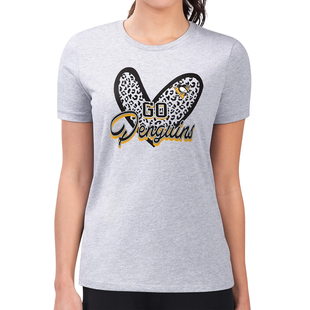 Women's G-III 4Her by Carl Banks Heather Gray Pittsburgh Penguins Super-Slim Fit Lightweight Animal Print Heart T-Shirt