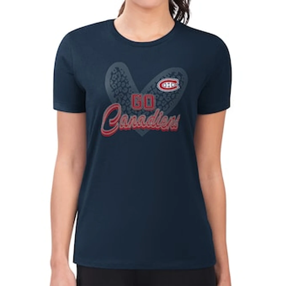 Women's G-III 4Her by Carl Banks Navy Montreal Canadiens Super-Slim Fit Lightweight Animal Print Heart T-Shirt