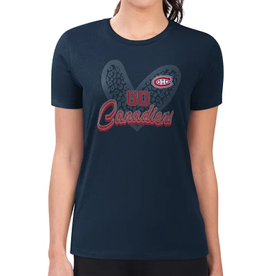 Women's G-III 4Her by Carl Banks Navy Montreal Canadiens Super-Slim Fit Lightweight Animal Print Heart T-Shirt
