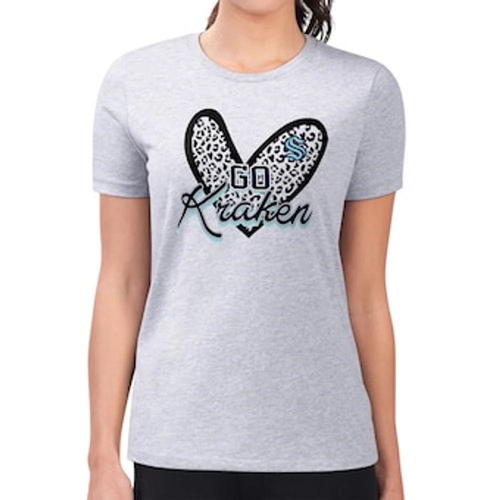 Women's G-III 4Her by Carl Banks Heather Gray Seattle Kraken Super-Slim Fit Lightweight Animal Print Heart T-Shirt
