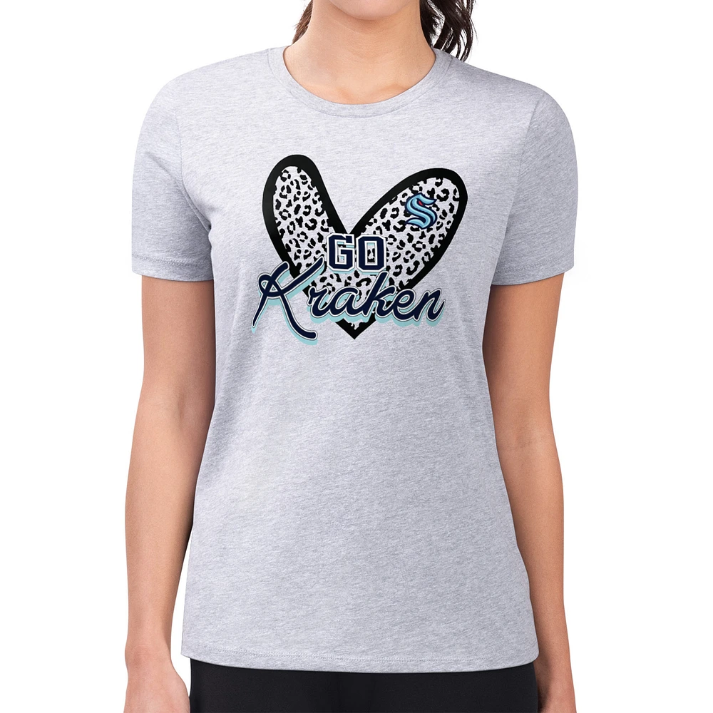 Women's G-III 4Her by Carl Banks Heather Gray Seattle Kraken Super-Slim Fit Lightweight Animal Print Heart T-Shirt