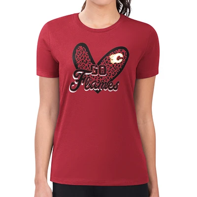 Women's G-III 4Her by Carl Banks Calgary Flames Super-Slim Fit Lightweight Animal Print Heart T-Shirt