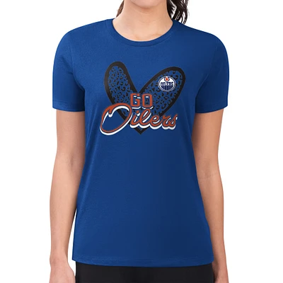 Women's G-III 4Her by Carl Banks Royal Edmonton Oilers Super-Slim Fit Lightweight Animal Print Heart T-Shirt