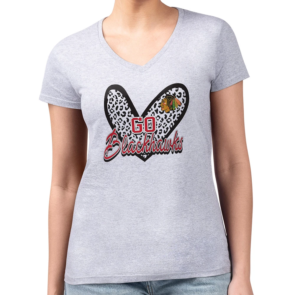 Women's G-III 4Her by Carl Banks Heather Gray Chicago Blackhawks Super-Slim Fit Lightweight Animal Print Heart V-Neck T-Shirt