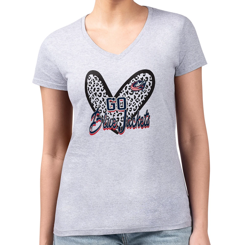 Women's G-III 4Her by Carl Banks Heather Gray Columbus Blue Jackets Super-Slim Fit Lightweight Animal Print Heart V-Neck T-Shirt