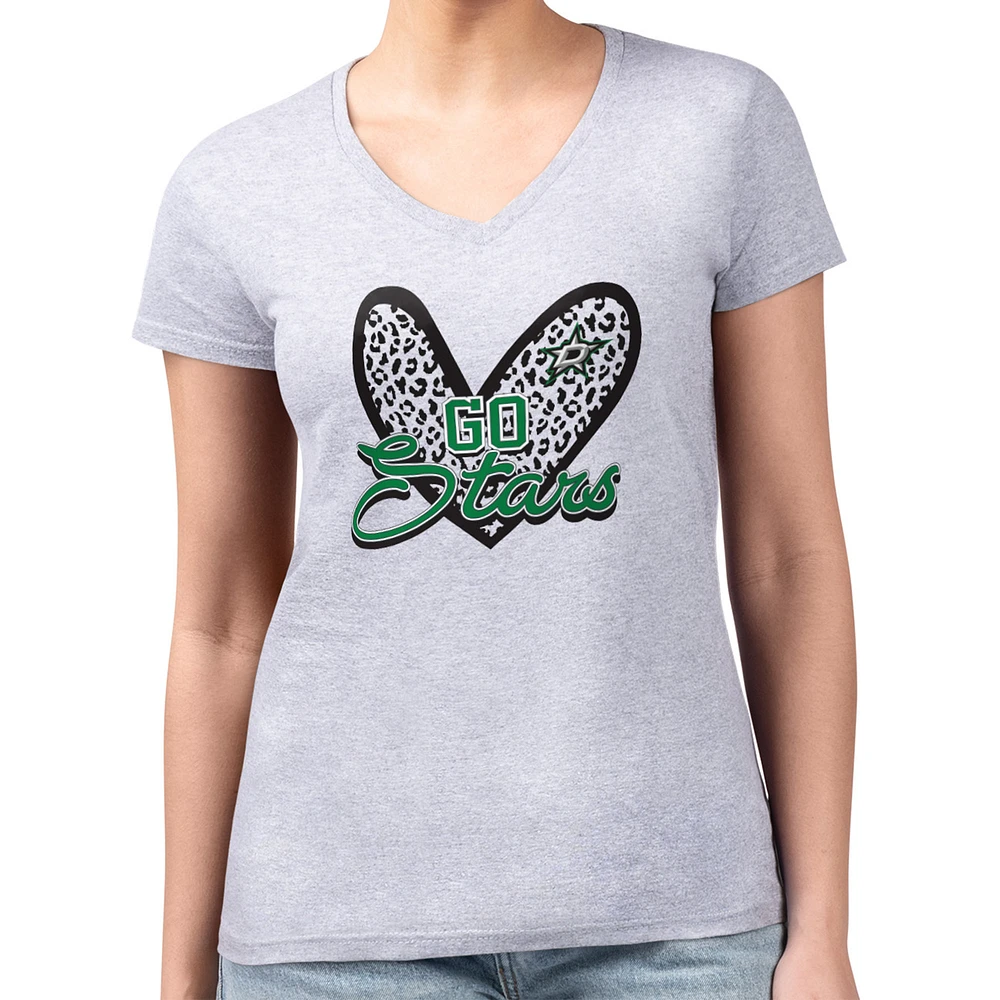 Women's G-III 4Her by Carl Banks Heather Gray Dallas Stars Super-Slim Fit Lightweight Animal Print Heart V-Neck T-Shirt