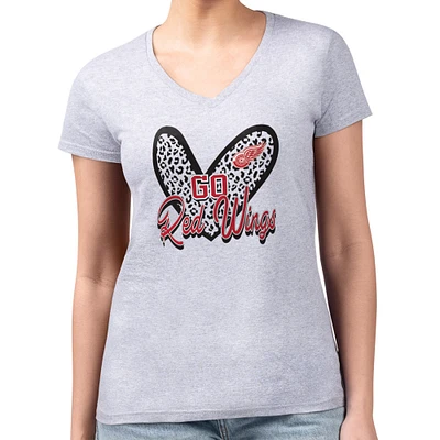 Women's G-III 4Her by Carl Banks Heather Gray Detroit Red Wings Super-Slim Fit Lightweight Animal Print Heart V-Neck T-Shirt