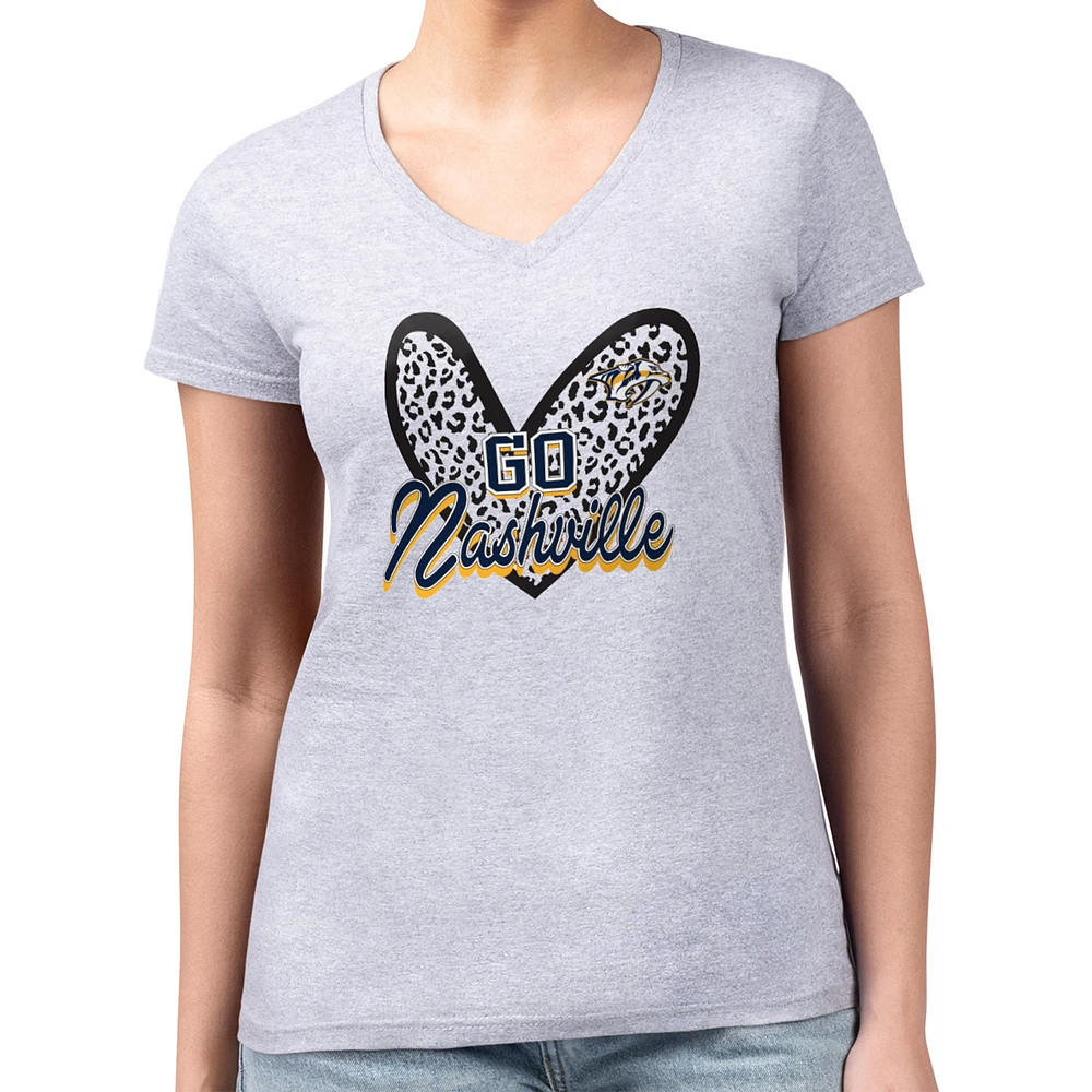 Women's G-III 4Her by Carl Banks Heather Gray Nashville Predators Super-Slim Fit Lightweight Animal Print Heart V-Neck T-Shirt