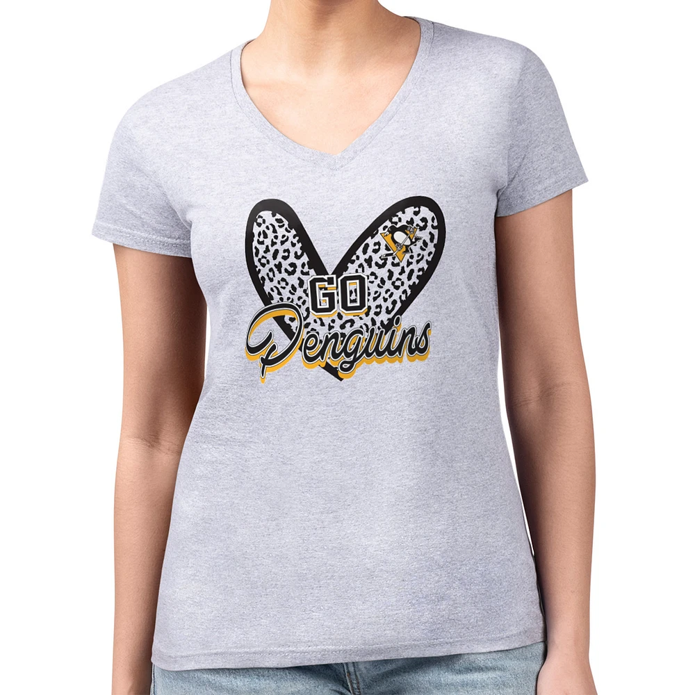 Women's G-III 4Her by Carl Banks Heather Gray Pittsburgh Penguins Super-Slim Fit Lightweight Animal Print Heart V-Neck T-Shirt