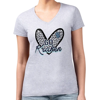 Women's G-III 4Her by Carl Banks Heather Gray Seattle Kraken Super-Slim Fit Lightweight Animal Print Heart V-Neck T-Shirt