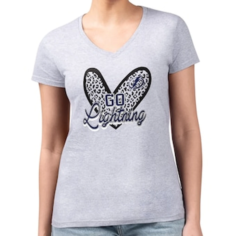 Women's G-III 4Her by Carl Banks Heather Gray Tampa Bay Lightning Super-Slim Fit Lightweight Animal Print Heart V-Neck T-Shirt