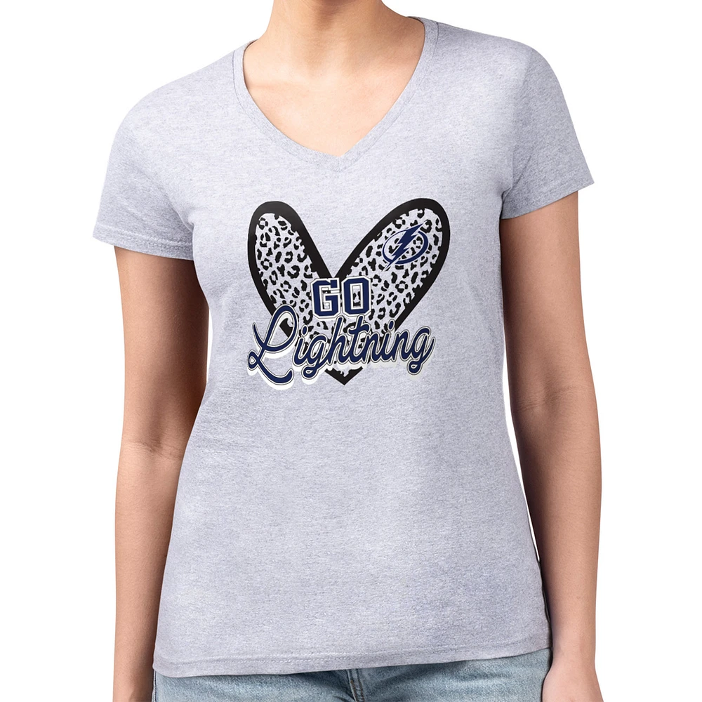 Women's G-III 4Her by Carl Banks Heather Gray Tampa Bay Lightning Super-Slim Fit Lightweight Animal Print Heart V-Neck T-Shirt
