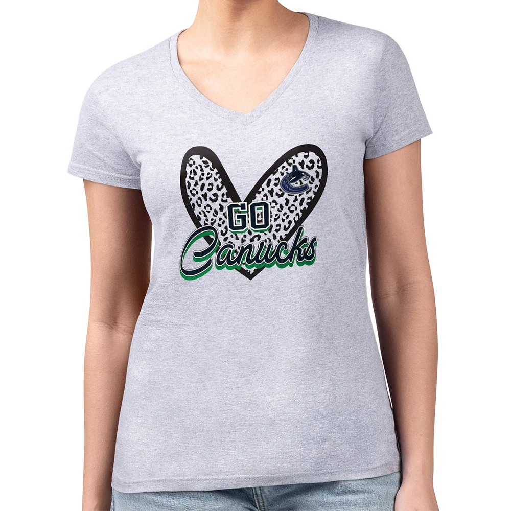 Women's G-III 4Her by Carl Banks Heather Gray Vancouver Canucks Super-Slim Fit Lightweight Animal Print Heart V-Neck T-Shirt
