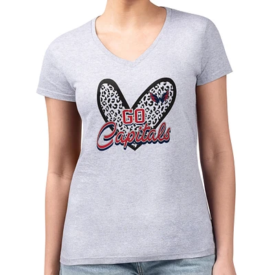 Women's G-III 4Her by Carl Banks Heather Gray Washington Capitals Super-Slim Fit Lightweight Animal Print Heart V-Neck T-Shirt