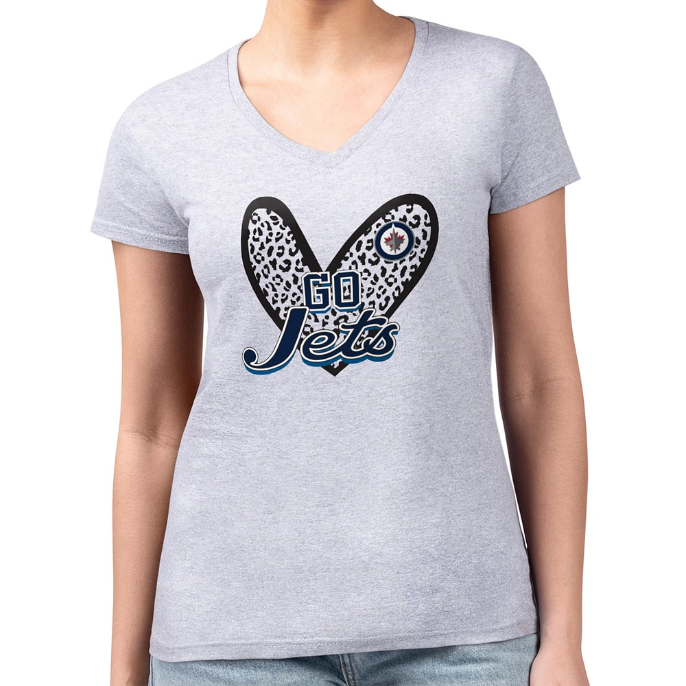Women's G-III 4Her by Carl Banks Heather Gray Winnipeg Jets Super-Slim Fit Lightweight Animal Print Heart V-Neck T-Shirt