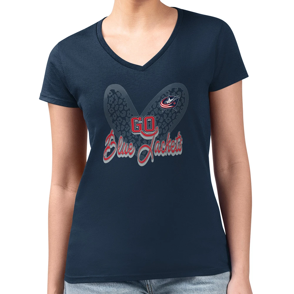 Women's G-III 4Her by Carl Banks Navy Columbus Blue Jackets Super-Slim Fit Lightweight Animal Print Heart V-Neck T-Shirt