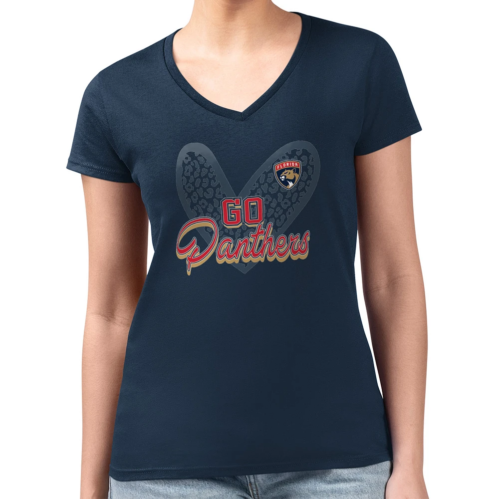 Women's G-III 4Her by Carl Banks Navy Florida Panthers Super-Slim Fit Lightweight Animal Print Heart V-Neck T-Shirt