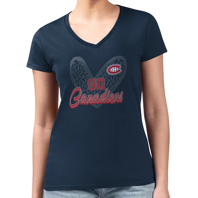 Women's G-III 4Her by Carl Banks Navy Montreal Canadiens Super-Slim Fit Lightweight Animal Print Heart V-Neck T-Shirt