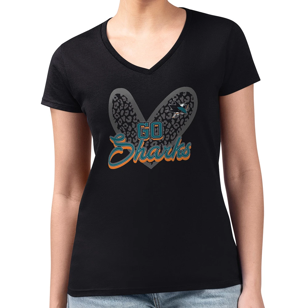 Women's G-III 4Her by Carl Banks San Jose Sharks Super-Slim Fit Lightweight Animal Print Heart V-Neck T-Shirt
