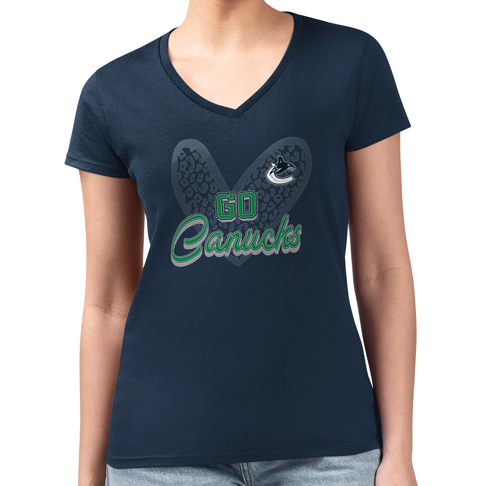 Women's G-III 4Her by Carl Banks Navy Vancouver Canucks Super-Slim Fit Lightweight Animal Print Heart V-Neck T-Shirt