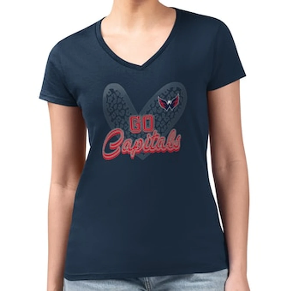 Women's G-III 4Her by Carl Banks Navy Washington Capitals Super-Slim Fit Lightweight Animal Print Heart V-Neck T-Shirt
