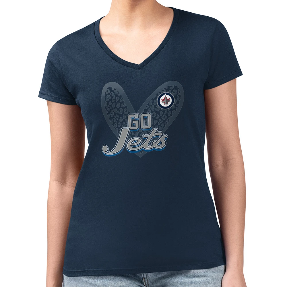 Women's G-III 4Her by Carl Banks Navy Winnipeg Jets Super-Slim Fit Lightweight Animal Print Heart V-Neck T-Shirt