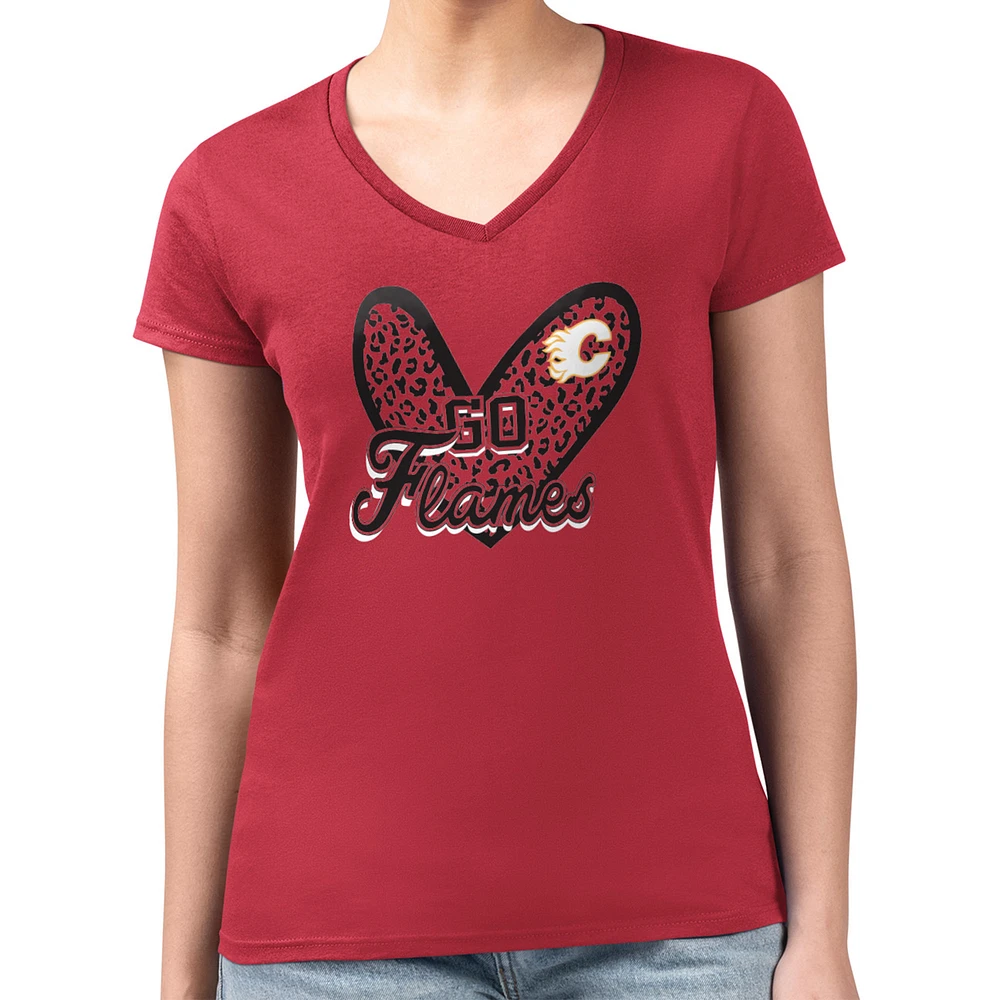 Women's G-III 4Her by Carl Banks Calgary Flames Super-Slim Fit Lightweight Animal Print Heart V-Neck T-Shirt